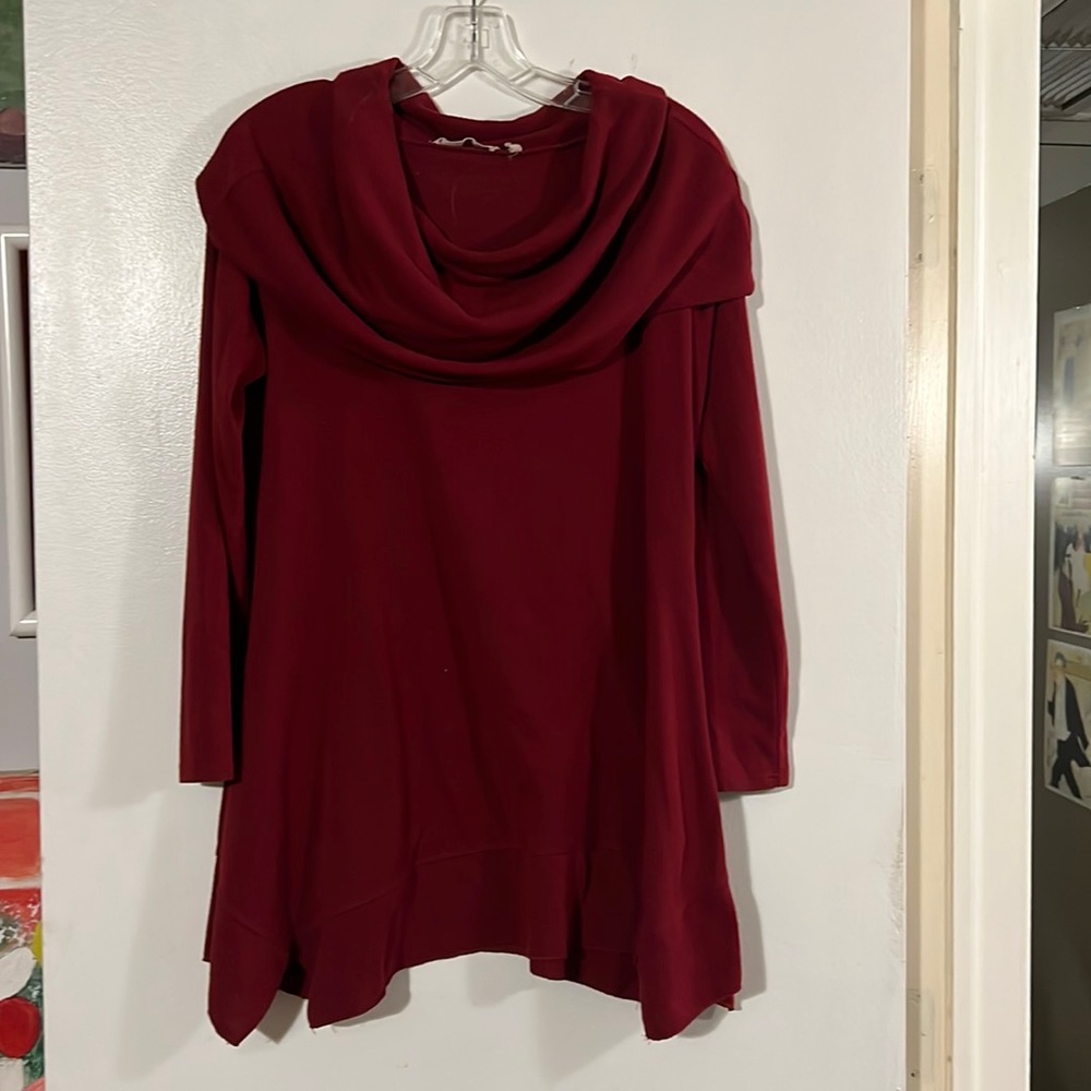 Soft Surroundings deep red tunic length sweater with asymmetrical hem